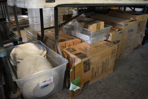 ALL ONE MONEY! Lot of Various Items Including Dishes, Paper Products, Deli Containers. Does Not Include Table.