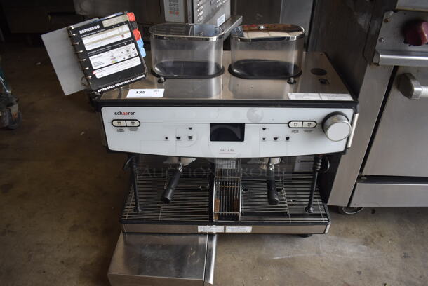 Schaerer Barista Stainless Steel Commercial Countertop 2 Group Espresso Machine w/ 2 Portafilters, 2 Steam Wands and 2 Hoppers. 208 Volts, 1 Phase.