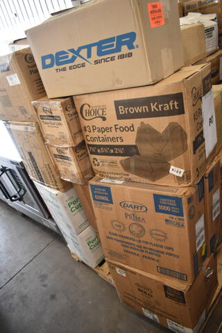 PALLET LOT of 25 BRAND NEW Boxes Including 500TW7 Choice Translucent Thin Wall Plastic Cup, 795PTOKFT3 Choice Kraft Microwavable Folded Paper #3 Take-Out Container 7 3/4" x 5 1/2" x 2 1/2" - 200/Case, 2 Box 612P509S Choice 9" Clear Round Plastic Dome Lid - 500/Case, Choice Paper Food Containers, 2 Box 127P325C Choice 3.25 oz. Clear Plastic Souffle Cup / Portion Cup - 2500/Case, 626NSL Solo Prima Pet Plastic Cold Cup Straless lid. 25 Times Your Bid!