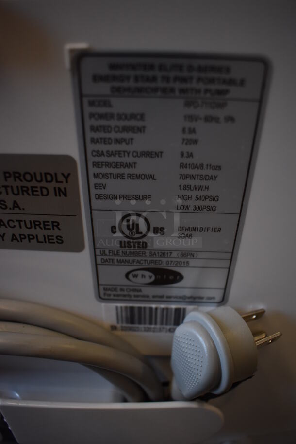 BRAND NEW SCRATCH AND DENT! Whynter Metal Portable Dehumidifier on Casters. 115 Volts, 1 Phase. Tested and Working! - Image 4 of 6