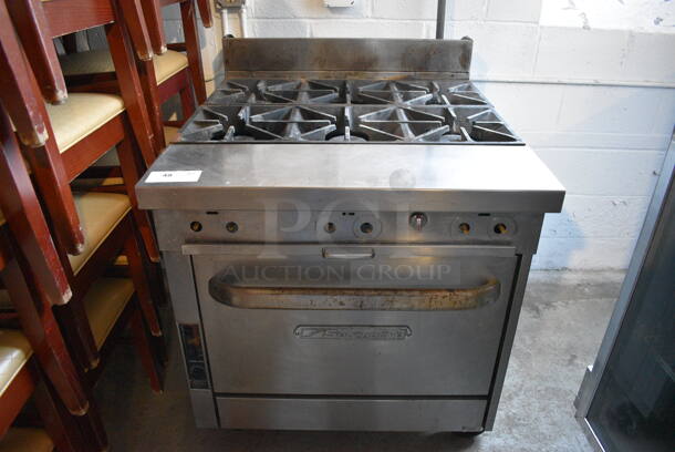 Southbend Model P32A-BBB Stainless Steel Commercial Natural Gas Powered 6 Burner Range w/ Oven on Commercial Casters. 32x38x42