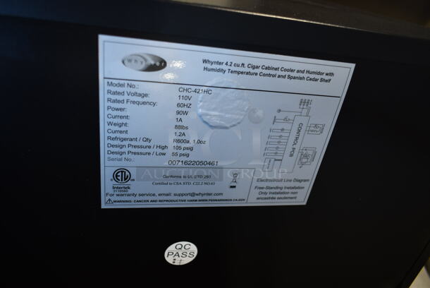 BRAND NEW SCRATCH AND DENT! Whynter CHC-421HC 4.2 cu.ft. Cigar Cabinet Cooler and Humidor with Humidity Temperature Control and Spanish Cedar Shelves. 115 Volts, 1 Phase. Tested and Working! - Image 4 of 4