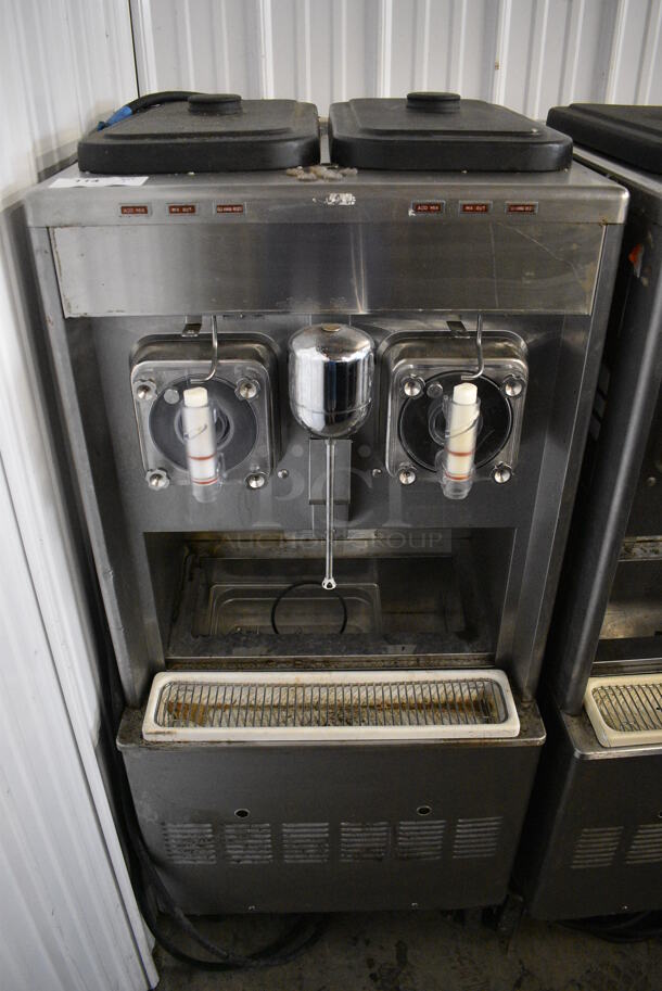 Taylor Model 342D-27 Stainless Steel Commercial Floor Style Air Cooled 2 Flavor Frozen Beverage Machine w/ Drink Mixer Attachment on Commercial Casters. Does Not Have Augers. 208-230 Volts, 1 Phase. 26x34x60