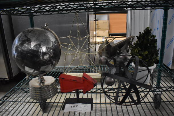 ALL ONE MONEY! Tier Lot of Various Items Including Globe, Metal Arrow, Metal Star Frame and Fake Plant
