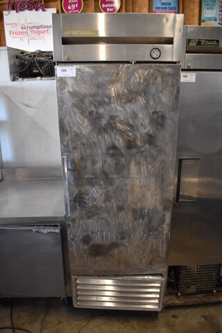 True T-23 Metal Commercial Single Door Reach In Cooler on Commercial Casters. 115 Volts, 1 Phase. 27x30x83. Tested and Powers On But Does Not Get Cold