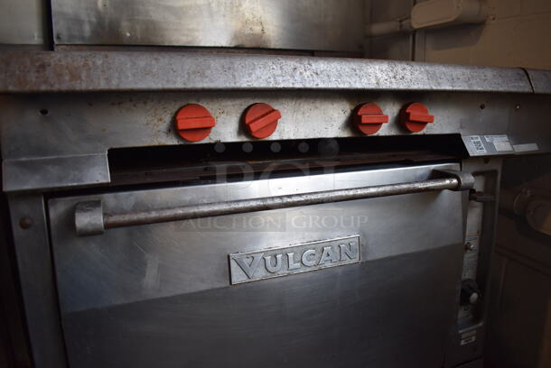 Vulcan Stainless Steel Commercial Natural Gas Powered 4 Burner Range w/ Oven, Over Shelf and Back Splash on Commercial Casters. 43.5x40x61 - Image 10 of 11
