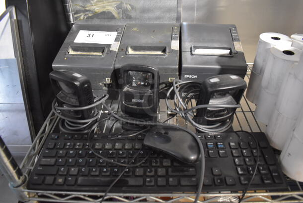 ALL ONE MONEY! Tier Lot of Various Items Including 3 Epson Receipt Printers, 3 Barcode Scanners, Receipt Paper, Keyboard, FortiGate Console and Rack Units - Image 2 of 7
