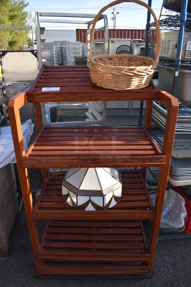 Wood Pattern 4 Tier Rack on Casters w/ Tiffany Style Lamp and Basket. 31.5x29x56