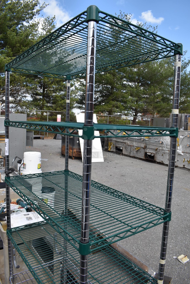 Green and Chrome Finish 6 Tier Wire Shelving Unit. BUYER MUST DISMANTLE. PCI CANNOT DISMANTLE FOR SHIPPING. PLEASE CONSIDER FREIGHT CHARGES. - Image 2 of 4