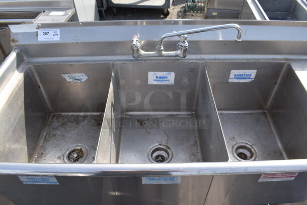 Stainless Steel 3 Bay Sink w/ Right Side Drainboard and Faucet. 15.5x21 Bays, 18x23.5 Drainboard - Image 4 of 4