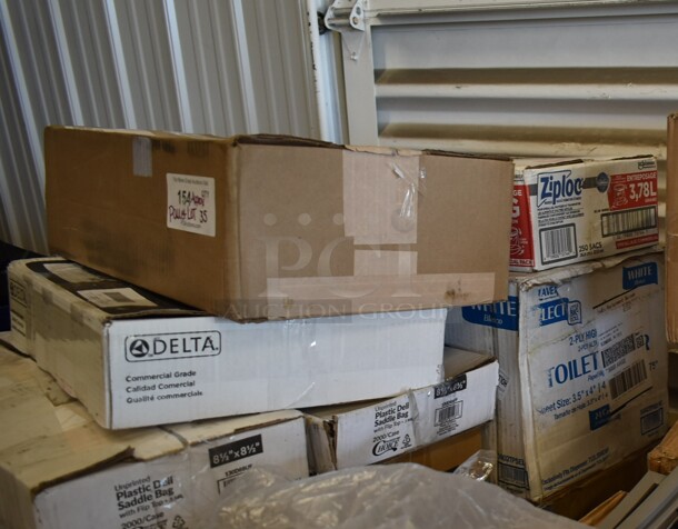 PALLET LOT of 35 BRAND NEW! Boxes Including 2 Box 5002TPSELHC Lavex Select Toilet Paper, 2 Choice 0.75 oz Portion Cups, 500CC12 Choice Clear PET Customizable Plastic Cold Cup - 12 oz. - 1000/Case, Foam Hinged Lid Containers, 612509LCO Choice 9" Round Standard Weight Foil Take-Out Pan with Board Lid - 200/Case, 130HKCL1M Visions Clear Heavy Weight Plastic Knife - Case of 1000, 395TO961 EcoChoice 9" x 6" x 3" Compostable Sugarcane / Bagasse 1 Compartment Take-Out Container - 200/Case, 124EM199 American Metalcraft 1" Stainless Steel Number Mini Table Tents - 1 to 99, Choice Flat Lid Hinged Deli Container, 1330DSSUF Plastic Deli Saddle Bag, Ziploc Sacs. 35 Times Your Bid! - Image 7 of 7