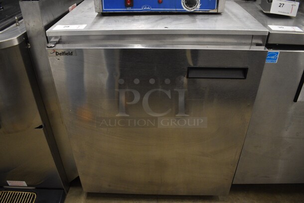 2012 Delfield Model 406CA-DHL-DD1 Stainless Steel Commercial Single Door Undercounter Cooler on Commercial Casters. 115 Volts, 1 Phase. 27x28x32. Tested and Working!