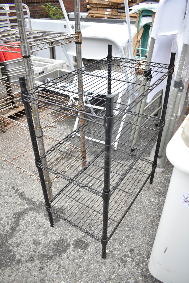 2 Wire Shelving Units; Chrome Finish 4 Tier and Black 3 Tier. 23x13x31, 36x14x54.5. 2 Times Your Bid! BUYER MUST DISMANTLE. PCI CANNOT DISMANTLE FOR SHIPPING. PLEASE CONSIDER FREIGHT CHARGES. - Image 2 of 6