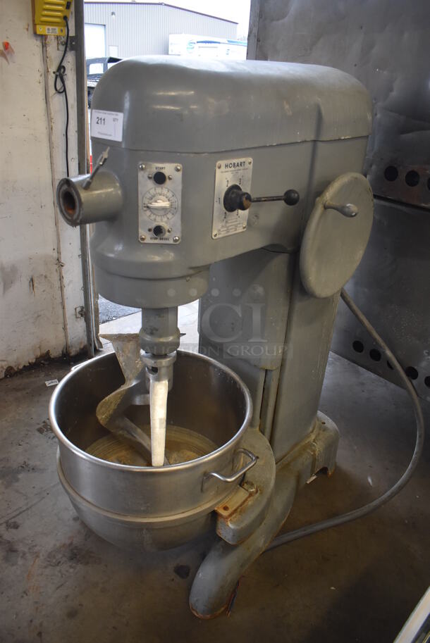 Hobart L800 Metal Commercial Floor Style 80 Quart Planetary Dough Mixer w/ Metal Mixing Bowl, Dough Hook and Paddle Attachments. 208 Volts, 3 Phase. 30x45x57