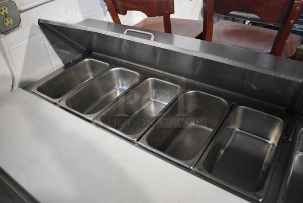 Beverage Air Stainless Steel Commercial Sandwich Salad Prep Table Bain Marie Mega Top w/ Various Drop In Bins and Cutting Board on Commercial Casters. 115 Volts, 1 Phase. 60x27.5x41. Tested and Powers On But Temps at 51 Degrees - Image 4 of 8