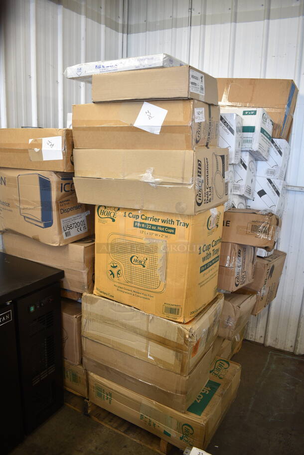 PALLET LOT of 42 BRAND NEW Boxes Including 7 Box 130ROLLKFSBK Visions 17" x 17" White Pre-Rolled Linen-Feel Napkin and Black Heavy Weight Plastic Cutlery Set - 100/Case, 129MCR24B Choice 24 oz. Black Round Microwavable Heavy Weight Container with Lid 7 1/4" - 150/Case, Choice 16 oz Deli Containers, 130SERVSPBK Visions 10" Black Disposable Plastic Serving Spoon - 72/Case, 760SOUP16KFT EcoChoice 16 oz. Kraft Paper Food Cup with Vented Lid - 250/Case, 433CARTRAY1 EcoChoice Pulp Fiber 1 Cup Carrier with Tray - 200/Case, 5002BNAPNAT EcoChoice 2-Ply Natural Kraft Beverage / Cocktail Napkin - 3000/Case, 5002CPTEC Lavex 2-Ply White Center Pull Economy Paper Towel Roll, 500 Sheets / Roll - 6/Case, 20500-3L Genpak 20500-BLK 9 3/16" x 6 1/2" x 2 7/8" Black Large Deep All Purpose Foam Hinged Lid Container - 200/Case, 128HD12COMBO ChoiceHD 12 oz. Microwavable Translucent Plastic Deli Container and Lid Combo Pack - 240/Case, 427BMFAR75SL Umbrella. 42 Times Your Bid! - Image 1 of 12