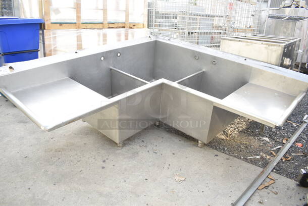 Stainless Steel Commercial L Shaped 3 Bay Sink w/ Dual Drain Board. No Legs. Bays 26x26x13, 18.5x21x13. Drain Boards 19.5x26 - Image 2 of 7