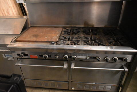 Garland PS-24G-6-2628 Stainless Steel Commercial Natural Gas Powered 6 Burner Range w/ Left Side Flat Top, 2 Ovens, Over Shelf and Back Splash. 