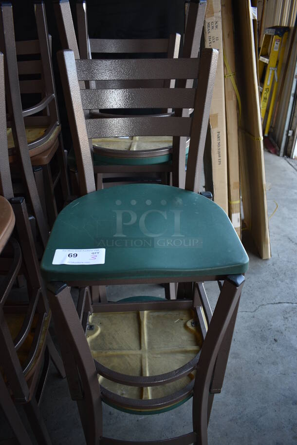 3 Brown Metal Dining Height Chairs w/ Green Seat. Stock Picture - Cosmetic Condition May Vary. 17x16x32. 3 Times Your Bid!