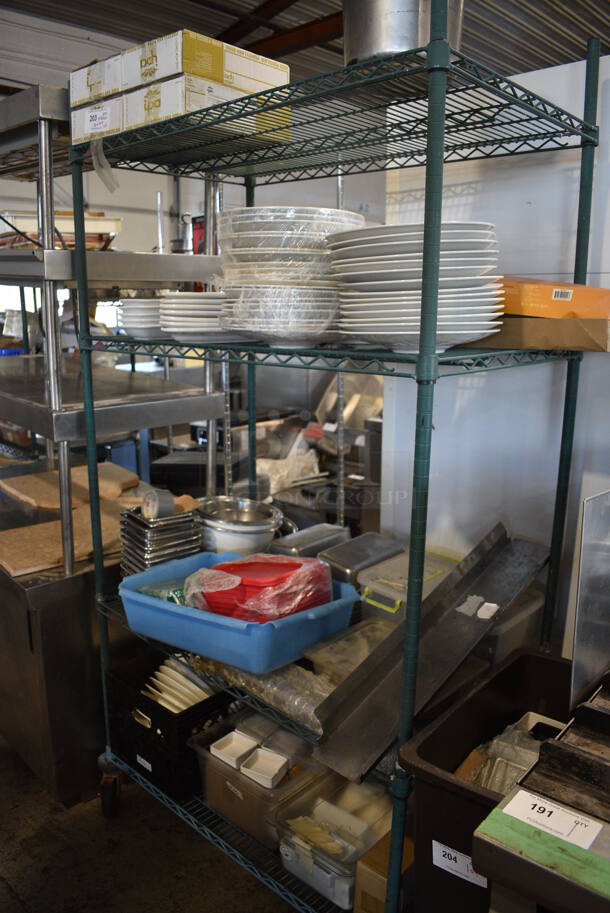 ALL ONE MONEY! Metro Lot of 4 Tiers of Various Items Including Dishes, Stainless Steel Drop In Bins and Poly Lids. Does Not Include Metro Shelving Unit
