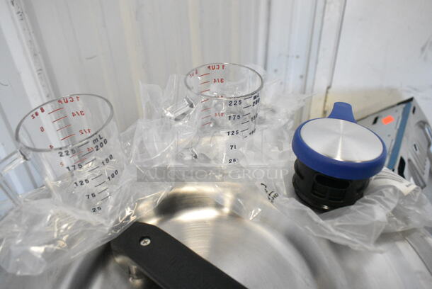 4 BRAND NEW SCRATCH AND DENT! Items Including 2 25MCCW135 Poly Measuring Pitchers, FCCLBLU Knob, Stainless Steel Cylindrical Bin, 2 Metal 1/2 Size Drop In Bins. 4 Times Your Bid!  - Image 3 of 10
