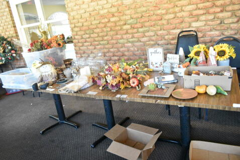 3 Wood Pattern Tables w/ Contents Including Decorations, Glasses. 3 Times Your Bid! (booth room) 