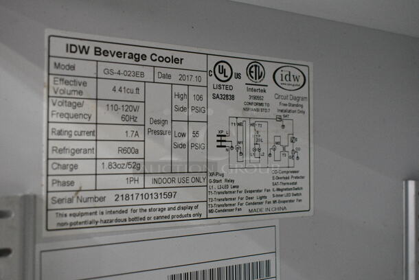 IDW GS-4-023EB Metal Single Door Reach In Cooler Merchandiser. 110-120 Volts, 1 Phase. Tested and Powers On But Does Not Get Cold - Image 3 of 3