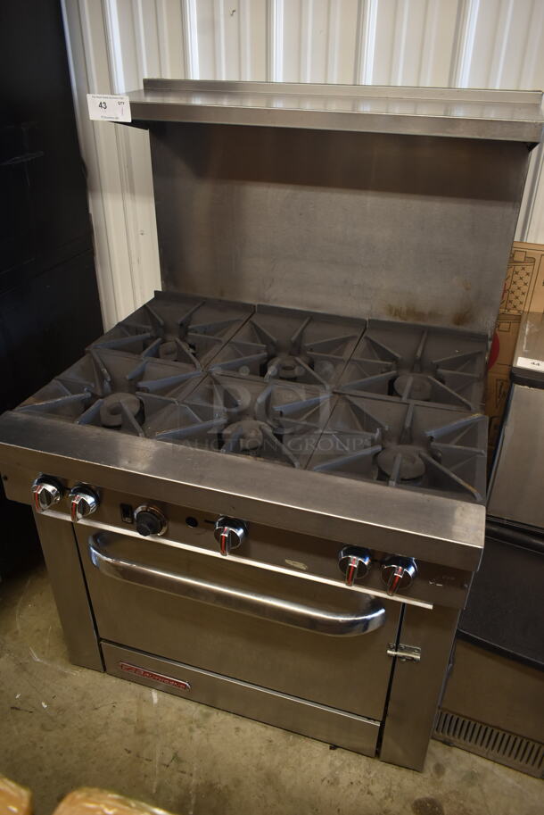 Southbend S36D Stainless Steel Commercial Natural Gas Powered 6 Burner Range w/ Oven, Over Shelf and Back Splash. 