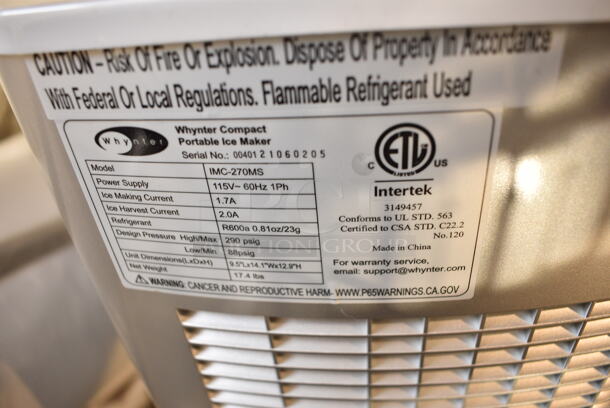 BRAND NEW SCRATCH AND DENT! Whynter IMC-270MS Metal Countertop Compact Portable Ice Maker 27 lb capacity. 115 Volts, 1 Phase. Tested and Working! - Image 4 of 4