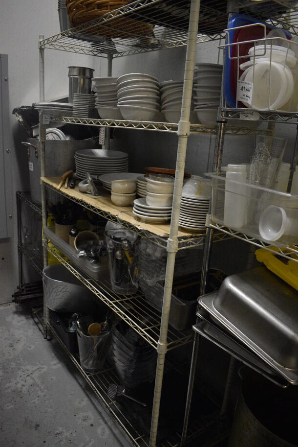 White Finish 5 Tier Shelving Unit w/ Contents Including White Ceramic Dishes, Baskets, Utensils. 48x18x74. BUYER MUST REMOVE. BUYER MUST DISMANTLE. PCI CANNOT DISMANTLE FOR SHIPPING. PLEASE CONSIDER FREIGHT CHARGES. (kitchen)