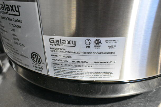 BRAND NEW SCRATCH AND DENT! Galaxy 177RCSG60 Stainless Steel 60 Cup (30 Cup Raw) Electric Rice Cooker / Warmer. 120 Volts, 1 Phase. Tested and Working! - Image 9 of 9