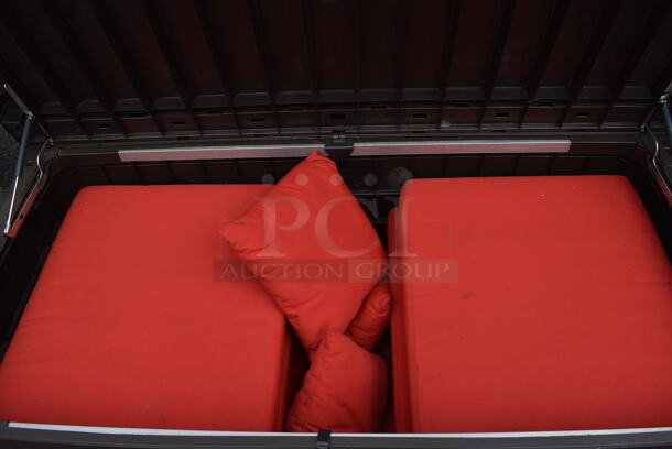 Wood Pattern Poly Chest w/ 8 Red Seat Cushions and 3 Pillows. 60.5x28.5x25.5 - Image 4 of 9