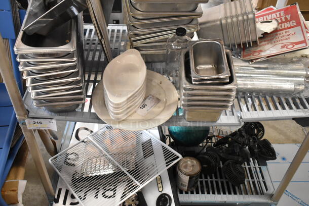 ALL ONE MONEY! Two Tier Lot of Various Items Including Stainless Steel Drop In Bins and Ceramic Dishes. Shelving Unit Not Included.  - Image 1 of 12