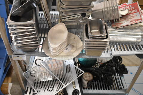 ALL ONE MONEY! Two Tier Lot of Various Items Including Stainless Steel Drop In Bins and Ceramic Dishes. Shelving Unit Not Included. 