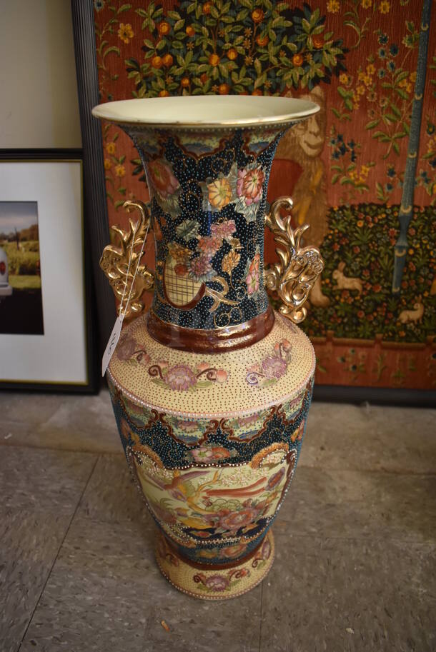 Ornate Multicolored Vase w/ Floral Motif Featuring a Bird in Flight.