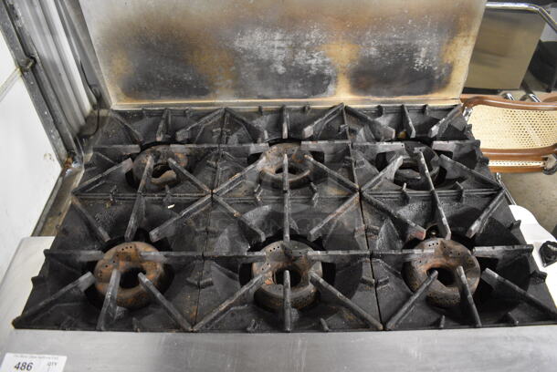 Radiance Stainless Steel Commercial Natural Gas Powered Floor Style 6 Burner Range w/ Oven, Over Shelf and Back Splash on Commercial Casters. 36x32x57 - Image 3 of 7