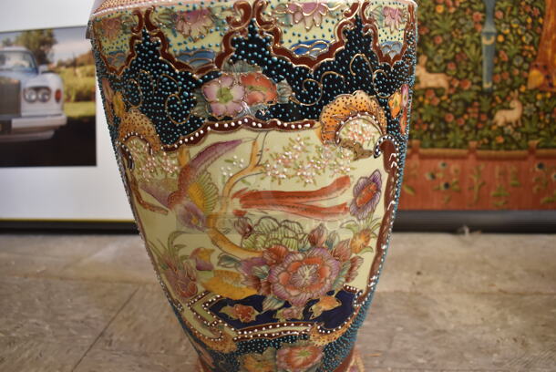 Ornate Multicolored Vase w/ Floral Motif Featuring a Bird in Flight. - Image 6 of 10
