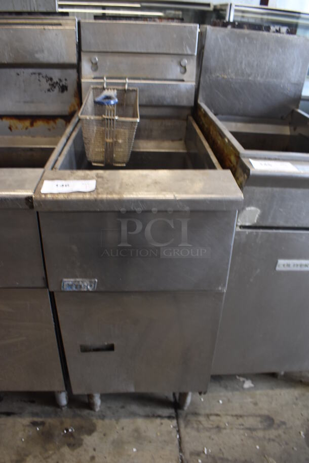 2012 Pitco Frialator SG14 Stainless Steel Commercial Floor Style Natural Gas Powered Deep Fat Fryer w/ 1 Metal Fry Basket.