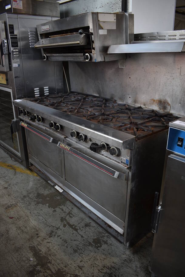 Garland Stainless Steel Commercial Natural Gas Powered 10 Burner Range w/ 2 Ovens, Cheese Melter, Over Shelf and Back Splash. 60x33x68 - Image 2 of 8
