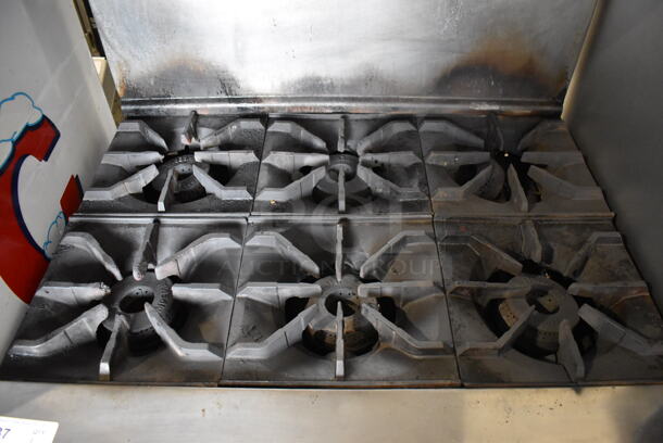 Imperial Stainless Steel Commercial Natural Gas Powered 6 Burner Range w/ Convection Oven, Over Shelf and Back Splash on Commercial Casters. 36x34x57 - Image 8 of 9