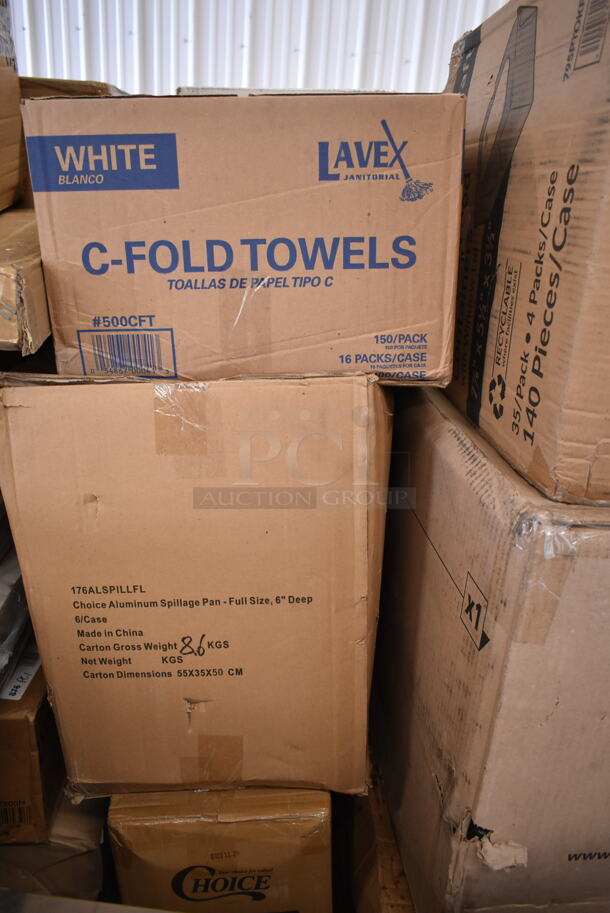 PALLET LOT of 25 BRAND NEW Boxes Including 3 Boxes 127PL2 Choice PET Plastic Lid for 1.5 to 2.5 oz. Souffle Cup / Portion Cup - 2500/Case, Box 2 oz Portion Cups, 500CC9 Choice 9 oz. Clear PET Customizable Plastic Squat Cold Cup - 1000/Case, 3 Box Charger Plate, 500CFT Lavex White C-Fold Standard Weight Towel - 2400/Case, 2 Box 795PTOKFTW4 Choice 8 3/4" x 6 1/2" x 3 1/2" Kraft Folded Paper #4 Take-Out Container with Window - 140/Case, 130HCUTFWR Visions Individually Wrapped White Heavy Weight Plastic Fork - 1000/Case, 2 Box 612509LCO Choice 9" Round Standard Weight Foil Take-Out Pan with Board Lid - 200/Case, 2 Box AD06 Genpak 6 oz. Clear Hinged Deli Container - 400/Case, 612P509S Choice 9" Clear Round Plastic Dome Lid - 500/Case, 394365L Noble Products Powder-Free Disposable Clear Vinyl Gloves for Foodservice - Large - 1000/Case, 2 Box 130BKFSNH Visions Heavy Weight Black Wrapped Plastic Cutlery Pack with Napkin - 500/Case, 128HD8COMBO ChoiceHD 8 oz. Microwavable Translucent Plastic Deli Container and Lid Combo Pack - 240/Case, 176ALSPILLFL Choice Full Size 6" Deep Aluminum Steam Table Spillage / Water Pan. 25 Times Your Bid! - Image 12 of 12