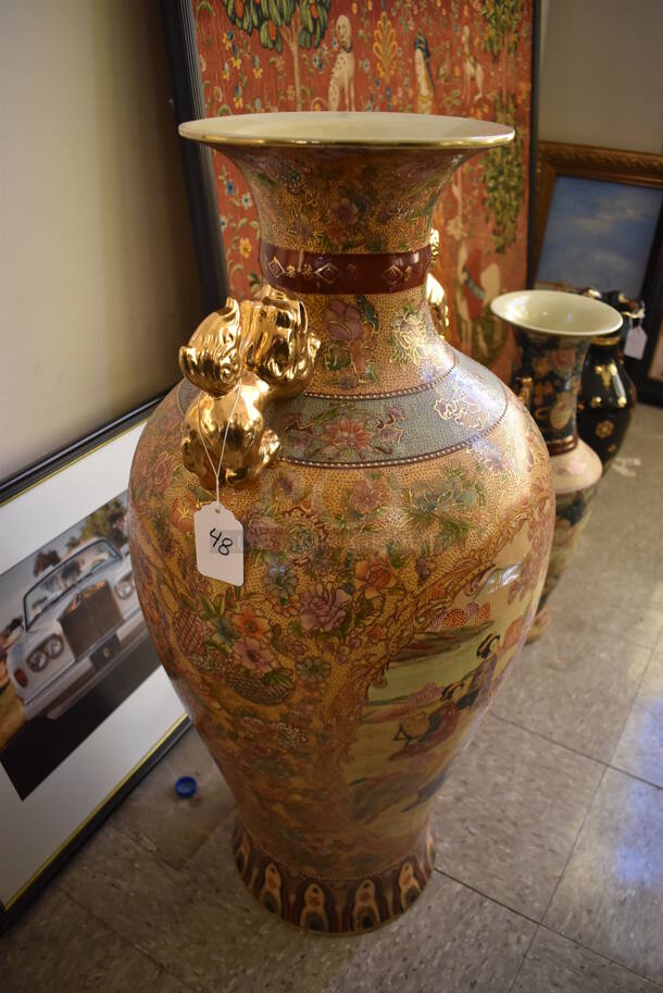 Ornate Asian Style Vase w/ Foo Dog Handles. - Image 7 of 9