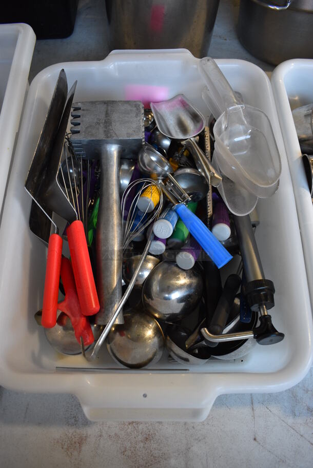 ALL ONE MONEY! Lot of Various Metal Utensils Including Spatulas and Scoopers in White Poly Bus Bin!