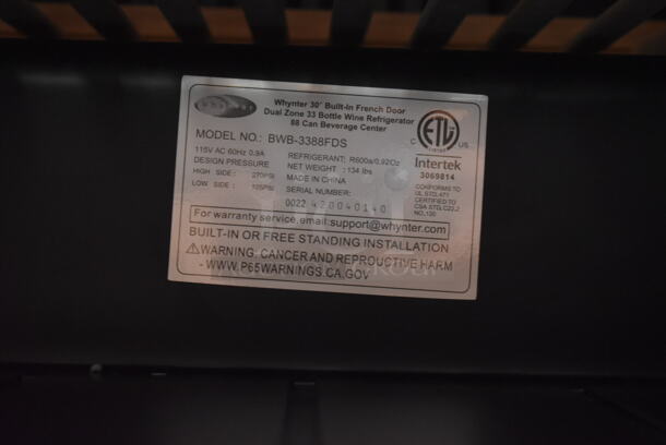 BRAND NEW SCRATCH AND DENT! Whynter BWB-3388FDS 30′′ Built-In French Door Dual Zone 33 Bottle Wine Refrigerator 88 Can Beverage Center. 115 Volts, 1 Phase. Tested and Working! - Image 9 of 9