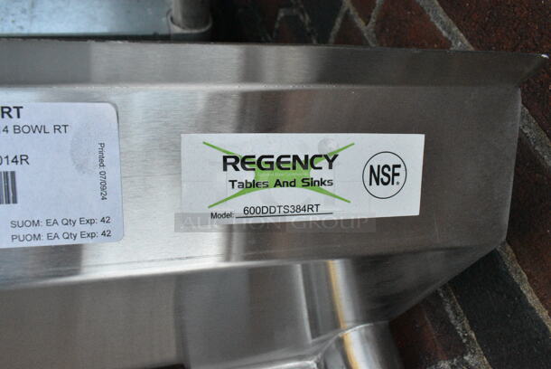 BRAND NEW SCRATCH AND DENT! Regency 600DDTS384RT 16-Gauge 7' Soiled / Dirty Dish Table with 3-Compartment Sink - 16" x 20" x 14" Bowls - Right Drainboard. No Legs.  - Image 9 of 10