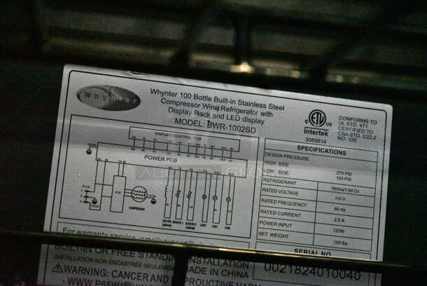 BRAND NEW SCRATCH AND DENT! Whynter BWR-1002SD 100 Bottle Built-in Stainless Steel Compressor Wine Refrigerator Merchandiser with Display Rack and LED display. 115 Volts, 1 Phase. Tested and Working! - Image 5 of 5