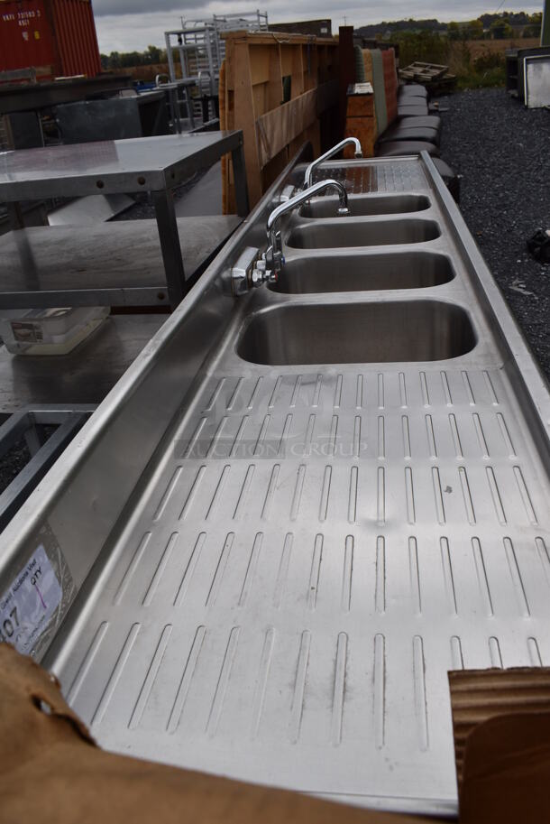 Stainless Steel Commercial 4 Bay Sink w/ Dual Drain Boards, 2 Faucets and 2 Handle Sets. 96x19x33. Bays 10x14x8 - Image 6 of 9