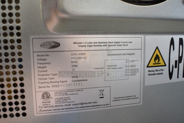 BRAND NEW SCRATCH AND DENT! Whynter CHC-123DS 1.2 cu. ft. Stainless Steel Digital Control and Display Cigar Humidor with Spanish Cedar Shelves. 115 Volt, 1 Phase. Tested and Working! - Image 7 of 7