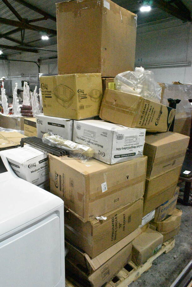 PALLET LOT of 32 BRAND NEW Boxes Including HP0008927200 Hobart 00-089272-00018 Stomper, 127CH12 Choice 12 oz. Clear RPET Tall Hinged Deli Container - 200/Case, 2 Box 346WSNSM Choice Medium Weight White Wrapped Plastic Spork, Straw, and Napkin Kit - 1000/Case, 43306HCUPC Choice 6-Cup High Dome Hinged OPS Plastic Cupcake / Muffin Container - 300/Case, 10" Corrugated Circles, 2 Box 500CC32THD Choice Heavy Duty 32 oz. Tall Heavy Weight Clear PET Plastic Cold Cup - 300/Case, 500TO993 Choice 9" x 9" x 3" Microwavable 1-Compartment Black / Clear Plastic Hinged Container - 100/Case, 433NHT001 Choice 1/6 Standard Size White Unprinted Standard-Duty Plastic T-Shirt Bag - 1000/Case, 500CFT Lavex White C-Fold Standard Weight Towel - 2400/Case, 500CC24 Choice Clear PET Customizable Plastic Cold Cup - 24 oz. - 600/Case, 130WBKFORKH Choice Black Heavy Weight Wrapped Plastic Fork - 1000/Case, 612FS4255HD Choice Half Size Heavy-Duty Foil Steam Table Pan Medium 2 3/16" Depth - 100/Case. 32 Times Your Bid!  - Image 1 of 12