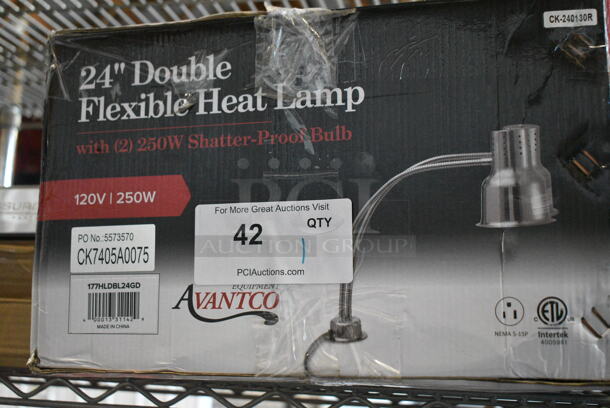 BRAND NEW SCRATCH AND DENT! Avantco 177HLDBL24GD 24" Gold Double Arm Stainless Steel Heat Lamp. 120 Volts, 1 Phase.  - Image 1 of 3